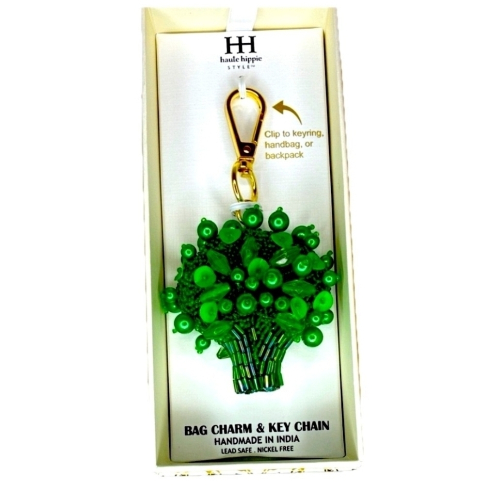 🥦▪️Haute Hippie▪️ Charming Beaded Broccoli Bag Charm Key Chain - Picture 2 of 3